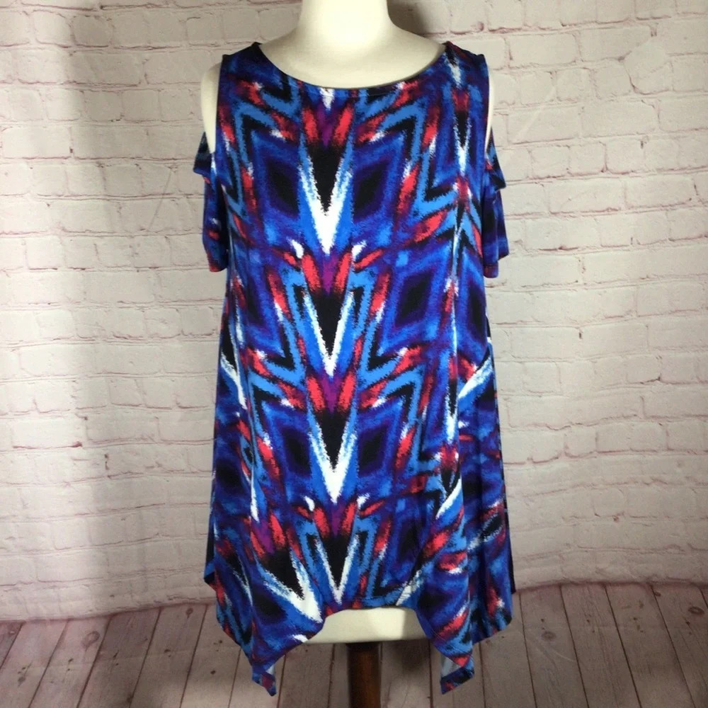 Rafaella Colorful Cold Shoulder Short Sleeve Top - Size Small